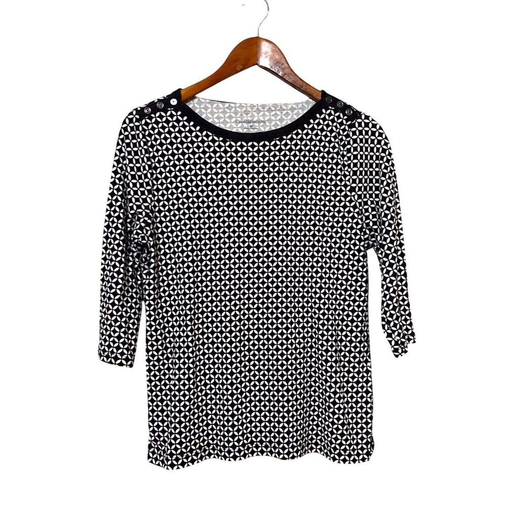 Croft‎ & Barrow Womens Black & White Geometric Print 3/4 Sleeve Top Size M Retro